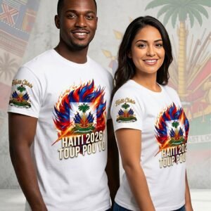 custom-printed white polyester t-shirt featuring a flaming Haitian flag graphic and "Haiti 2026 Toup Pou Yo"