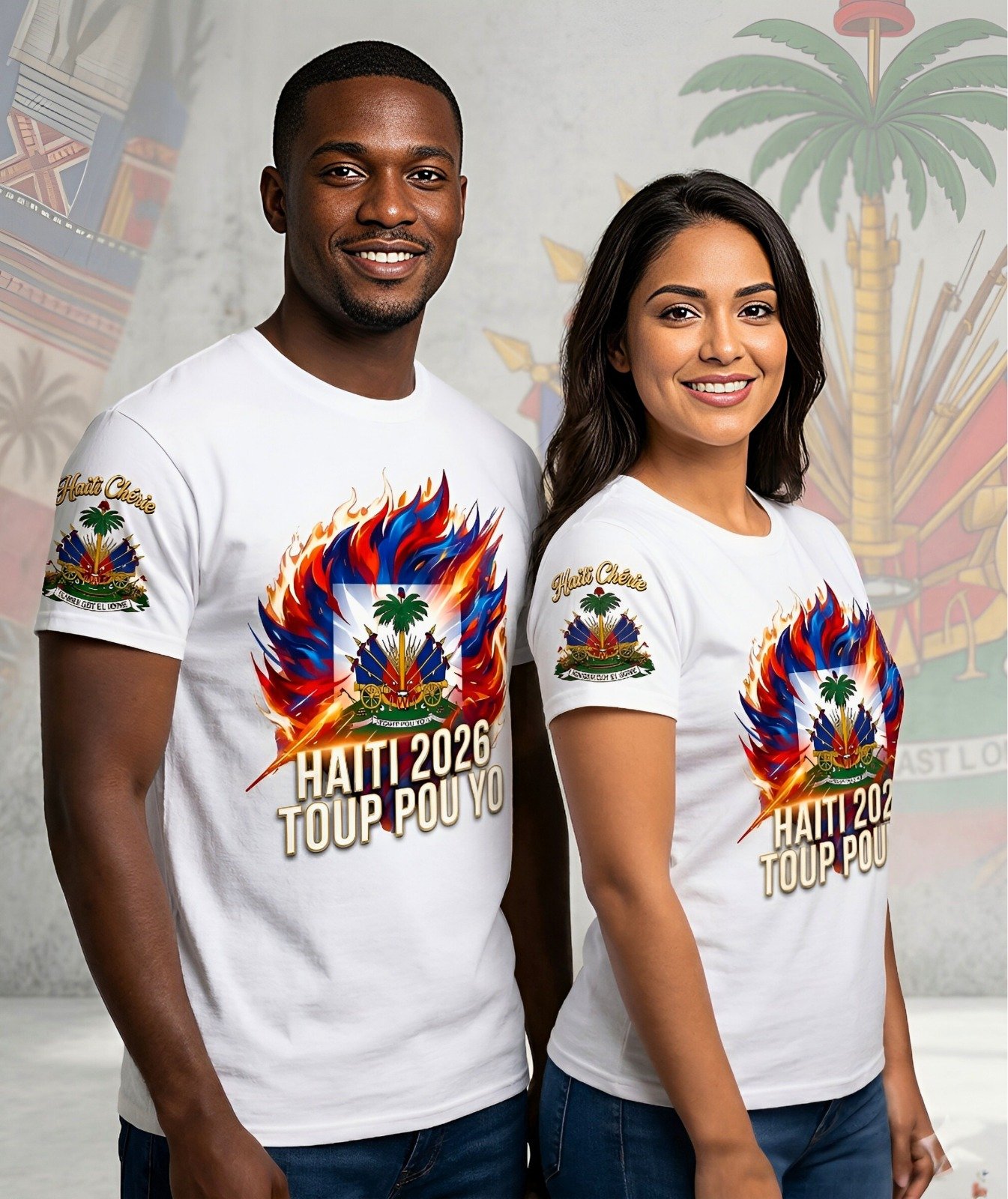 custom-printed white polyester t-shirt featuring a flaming Haitian flag graphic and "Haiti 2026 Toup Pou Yo"