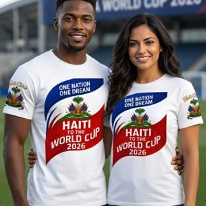 "Haiti to the World Cup 2026" fan t-shirt made of lightweight cotton or polyester, featuring the national flag emblem and "One Nation One Dream" branding.
