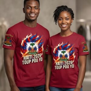 personalized burgundy red crewneck t-shirts featuring a stylized "Haiti 2026" graphic with a flaming Haitian flag.