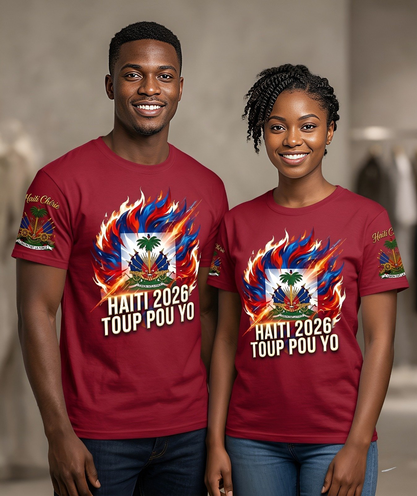 personalized burgundy red crewneck t-shirts featuring a stylized "Haiti 2026" graphic with a flaming Haitian flag.