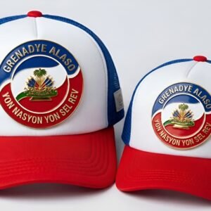 royal blue and white trucker hats featuring a custom metal patch of the Haitian coat of arms