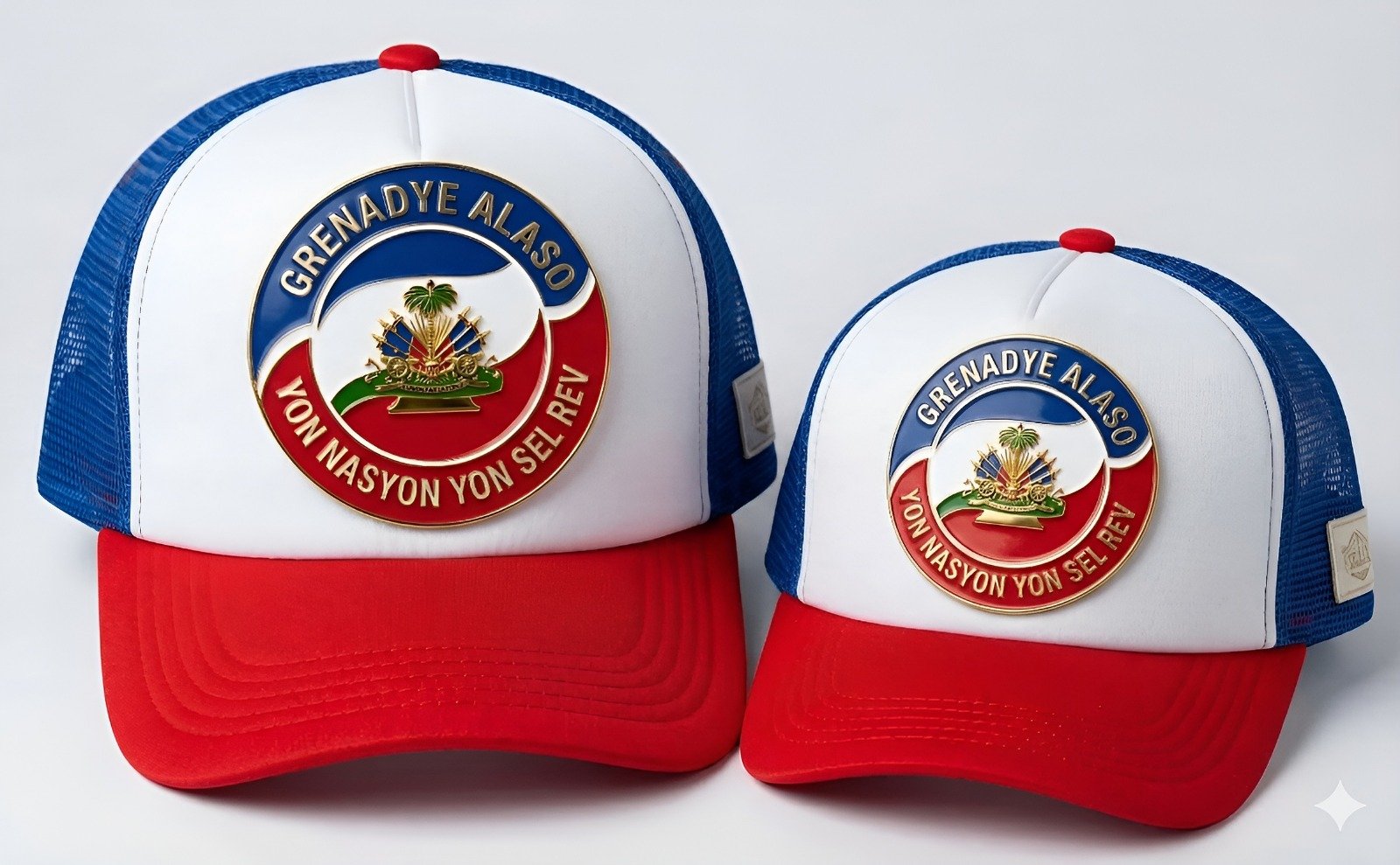 royal blue and white trucker hats featuring a custom metal patch of the Haitian coat of arms