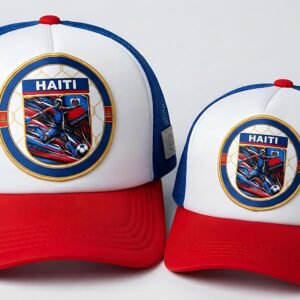 Alaso brand Haiti 2026 World Cup trucker hats featuring a Grenadier football graphic. 