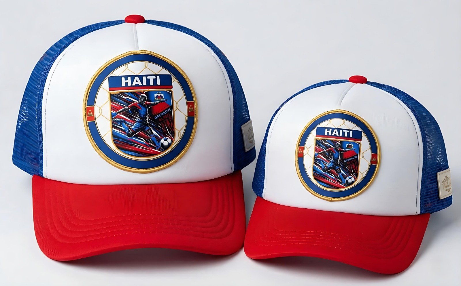 Alaso brand Haiti 2026 World Cup trucker hats featuring a Grenadier football graphic.